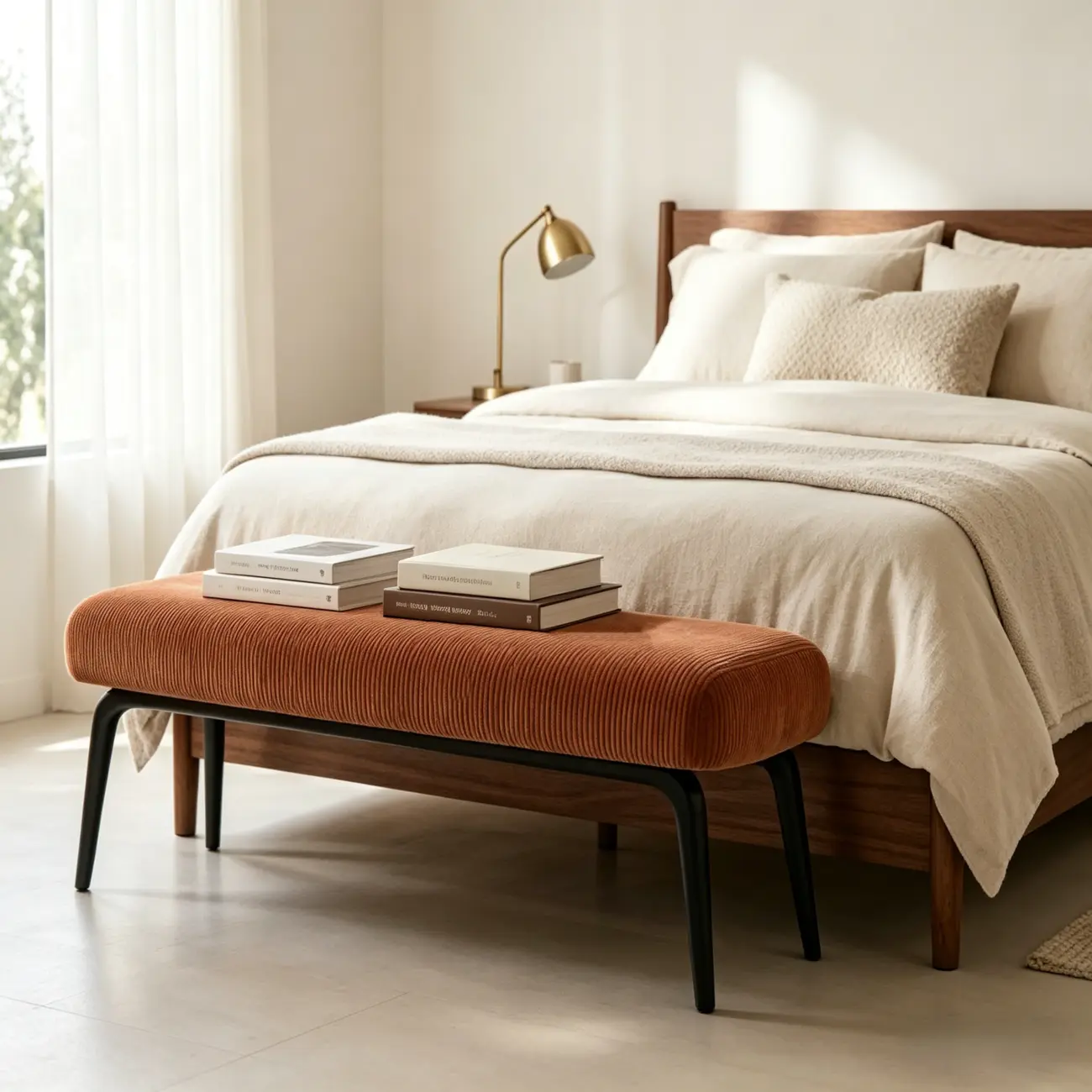 Mid-century Modern Corduroy Upholstered Bedroom Bench with Wood Legs Image - 2 | homeyfad