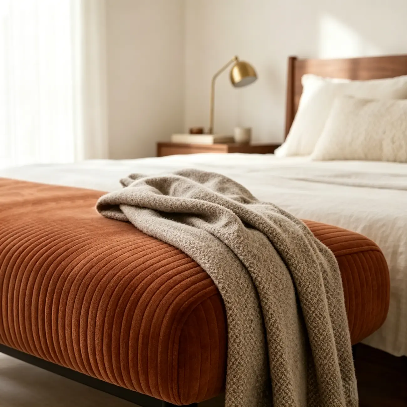 Mid-century Modern Corduroy Upholstered Bedroom Bench with Wood Legs Image - 3 | homeyfad