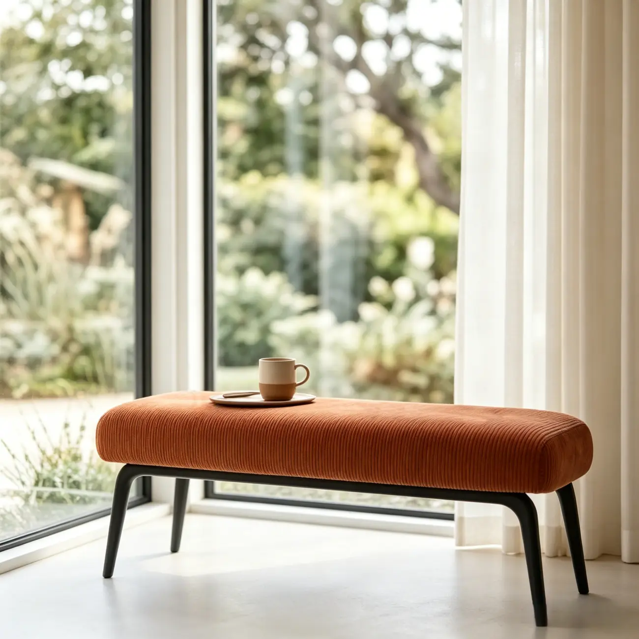 Mid-century Modern Corduroy Upholstered Bedroom Bench with Wood Legs Image - 8 | homeyfad