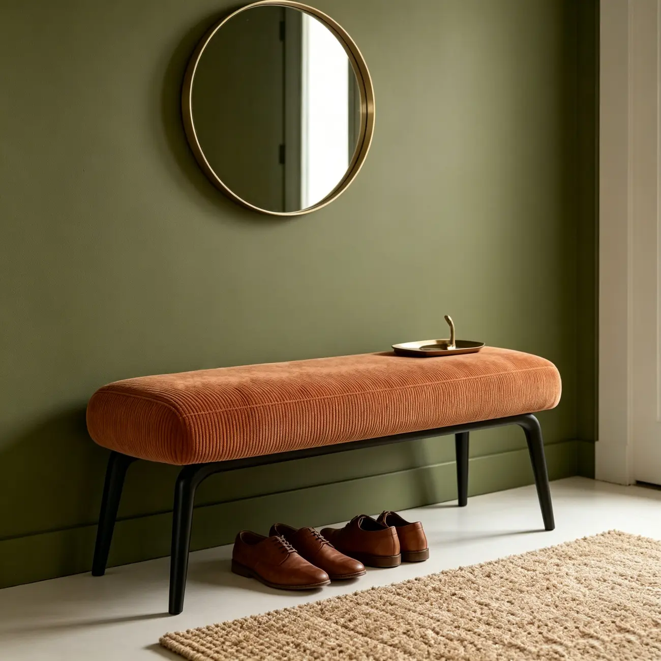 Mid-century Modern Corduroy Upholstered Bedroom Bench with Wood Legs Image - 10 | homeyfad