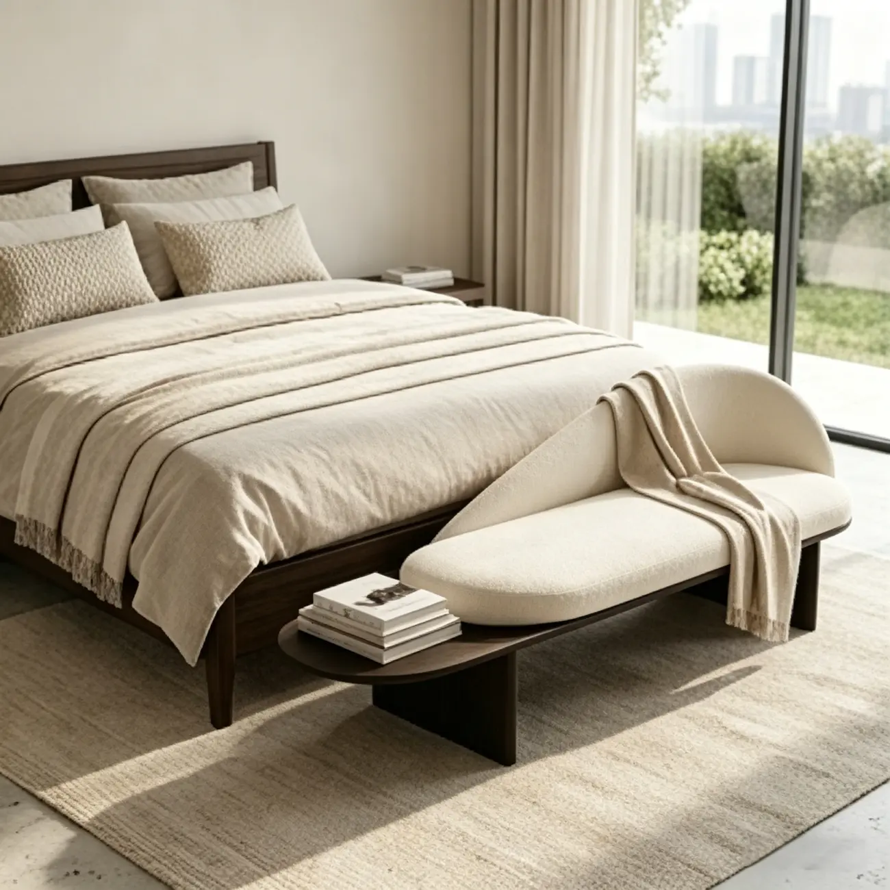 Modern Organic Shape Upholstered Bench with Backrest Image - 7 | homeyfad