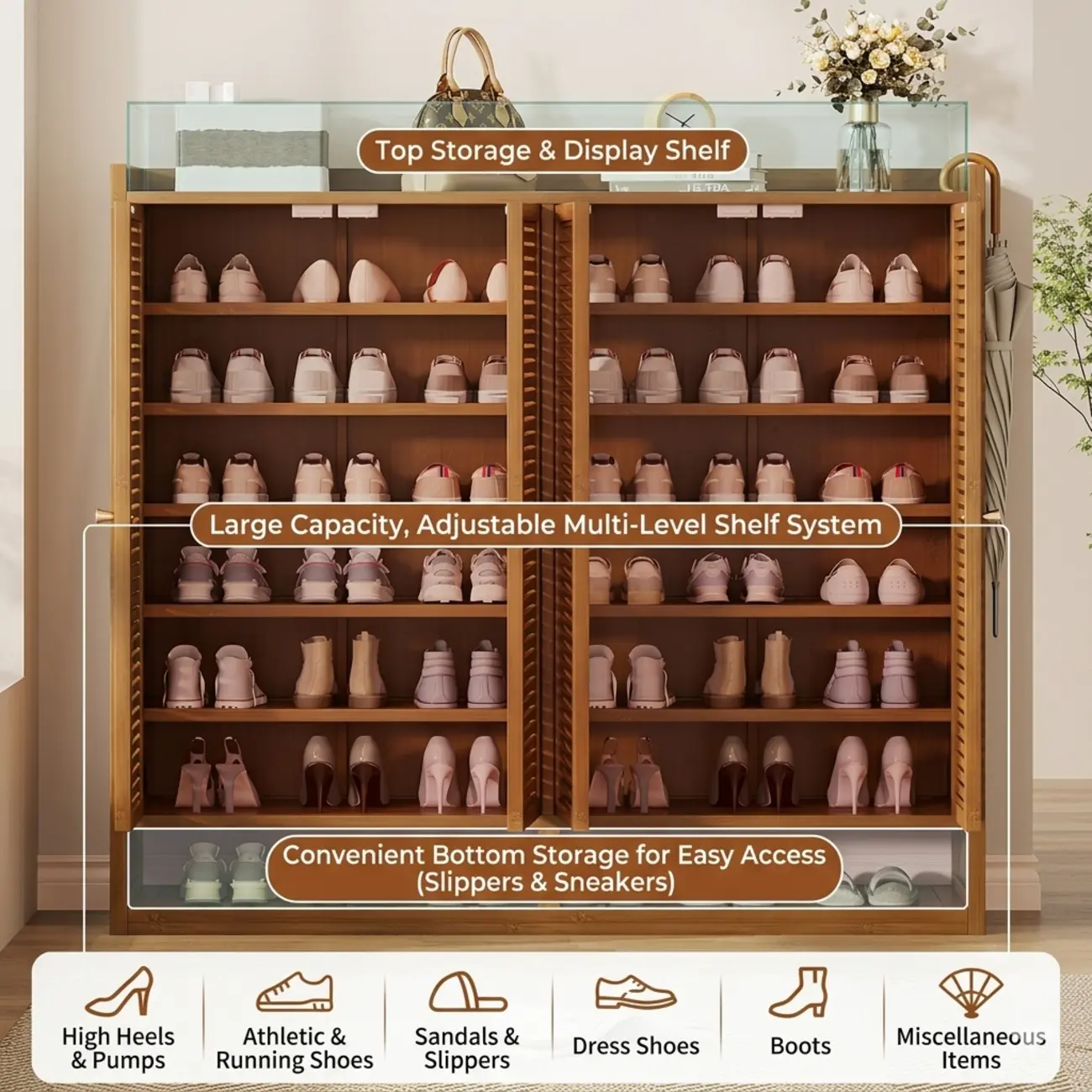 Rustic Bamboo Brown Shoe Cabinet for Entryway Image - 6 | homeyfad