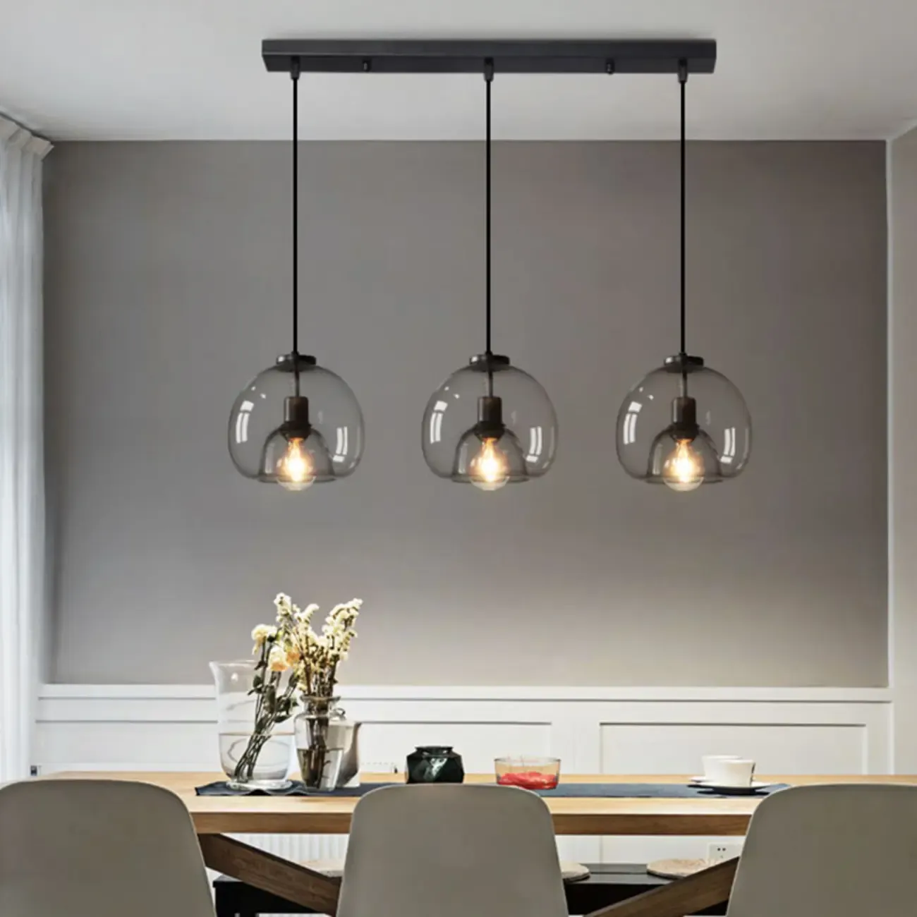 Modern Black Metal Glass Globe Light for Kitchen Islands Image - 1