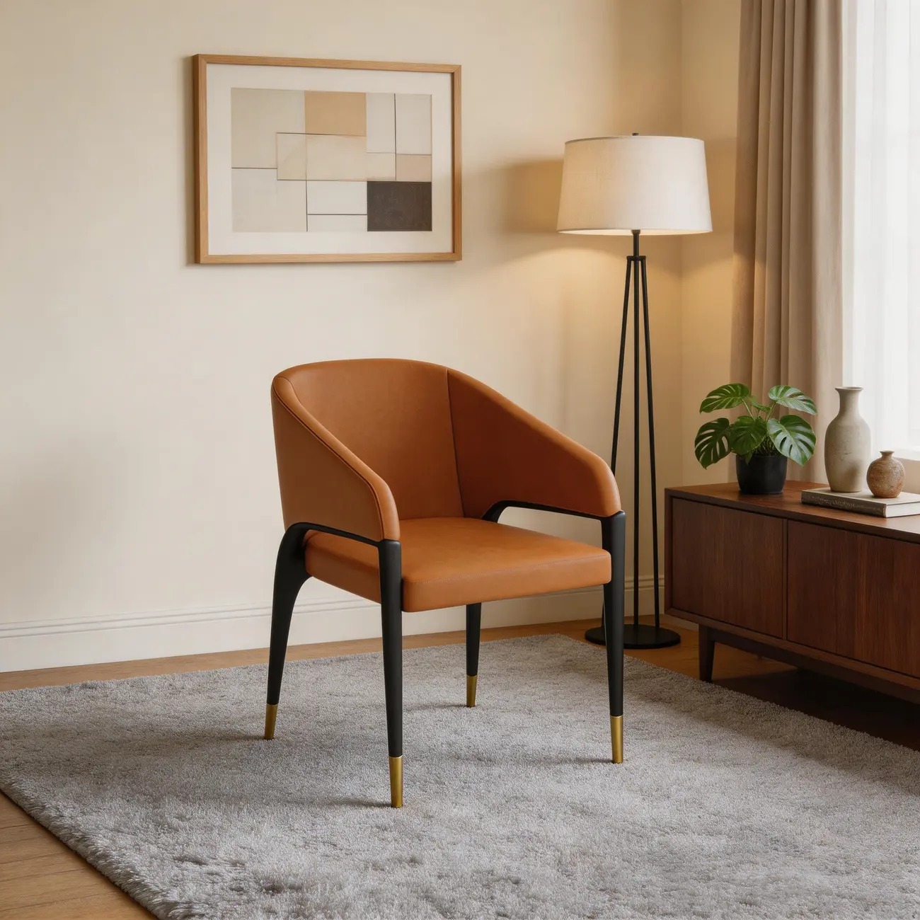 Minimalist Curved Back Vegan Nappa Leather Arm Dining Chair Image - 11 | homeyfad