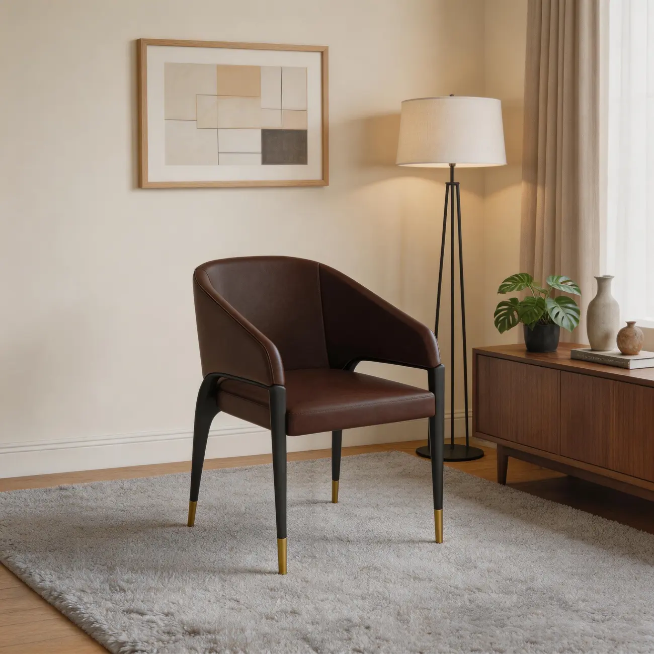 Minimalist Curved Back Vegan Nappa Leather Arm Dining Chair Image - 12 | homeyfad