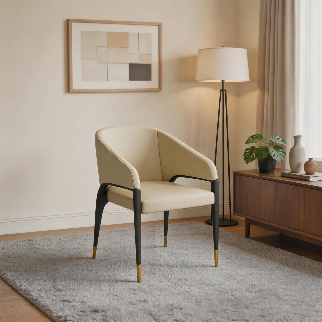 Minimalist Curved Back Vegan Nappa Leather Arm Dining Chair Image - 13 | homeyfad