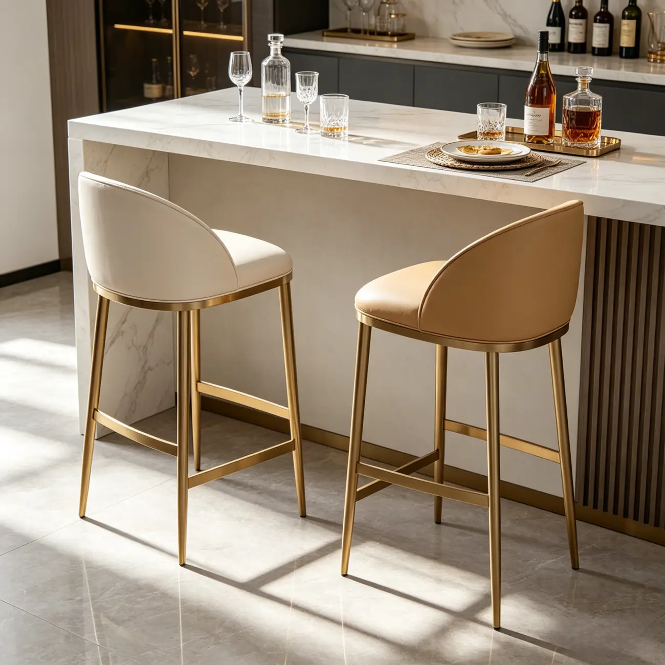 Gold Modern Luxury Leather Bar Stools Counter Height Image - 2 | homeyfad
