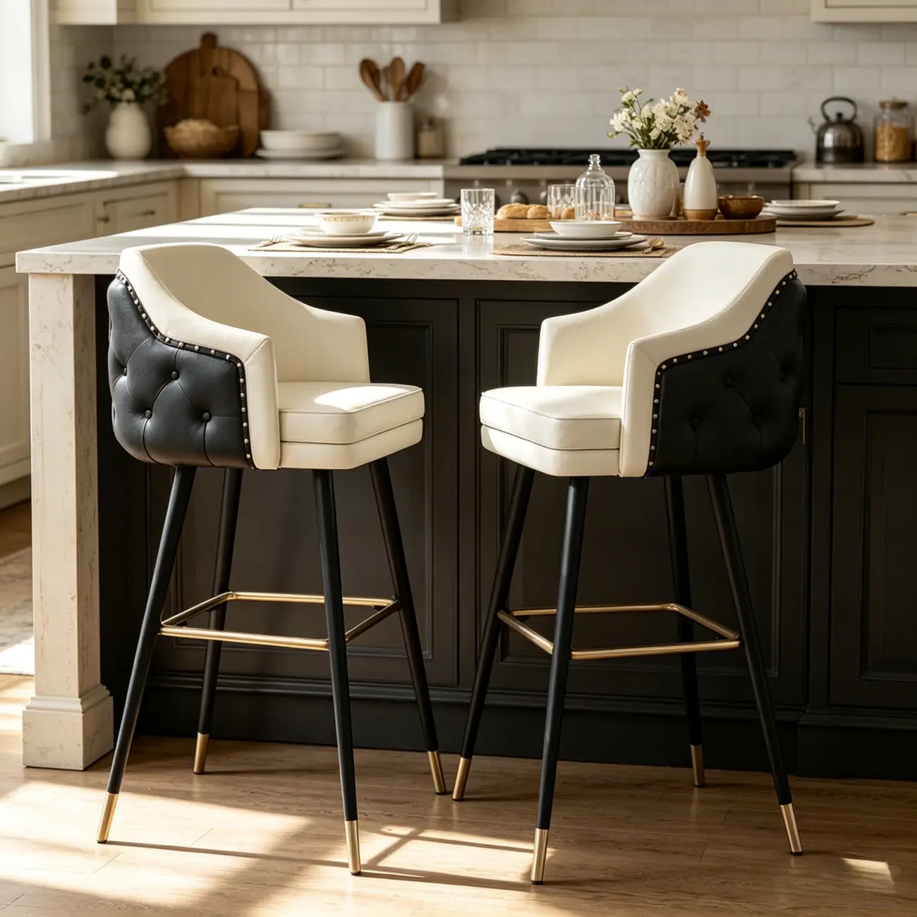 Mid-century Modern Upholstered Tufted Back Tuxedo Counter Stools Image - 1 | homeyfad