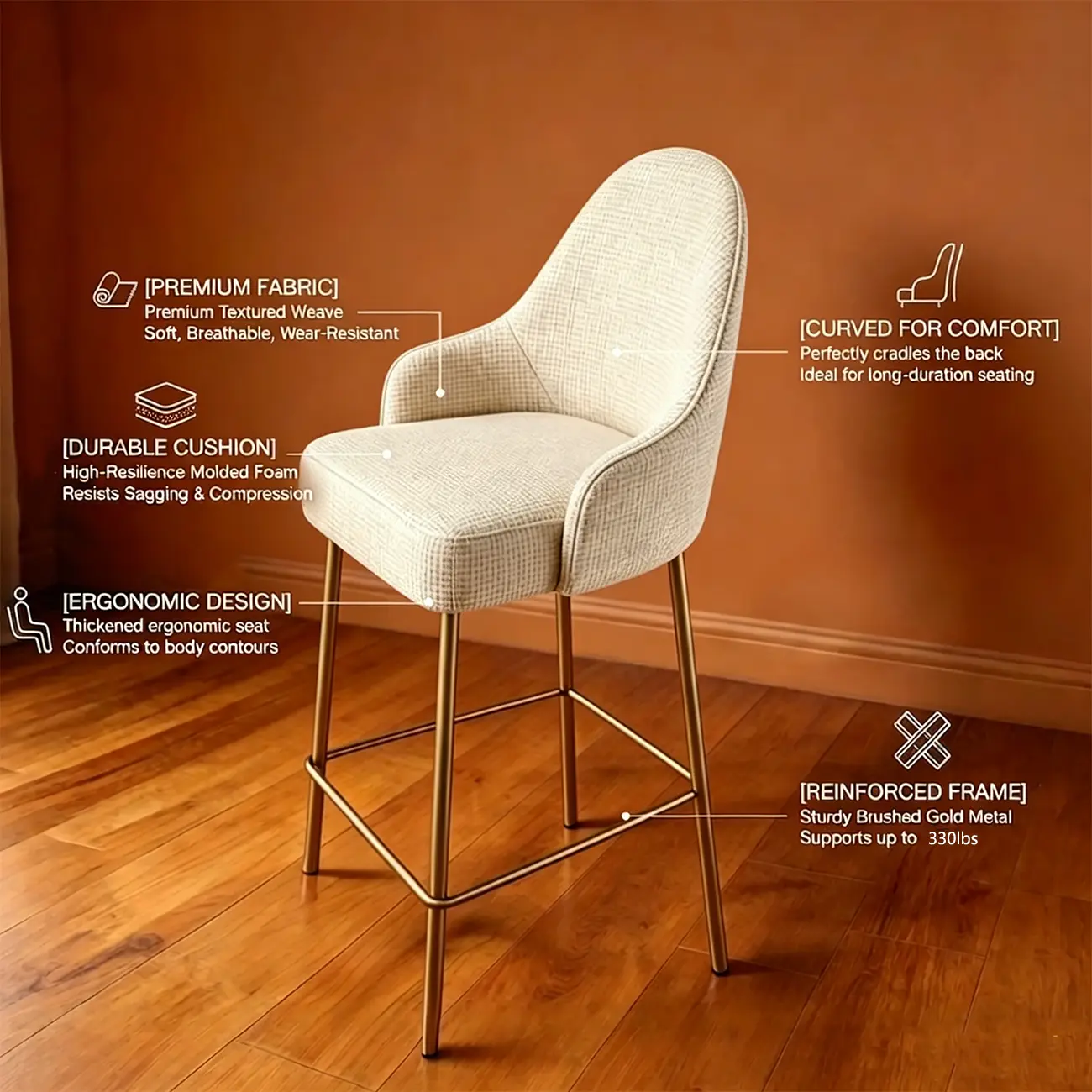 Mid Century Modern Ergonomic Curved Back Counter Stools Metal Frame Image - 6 | homeyfad