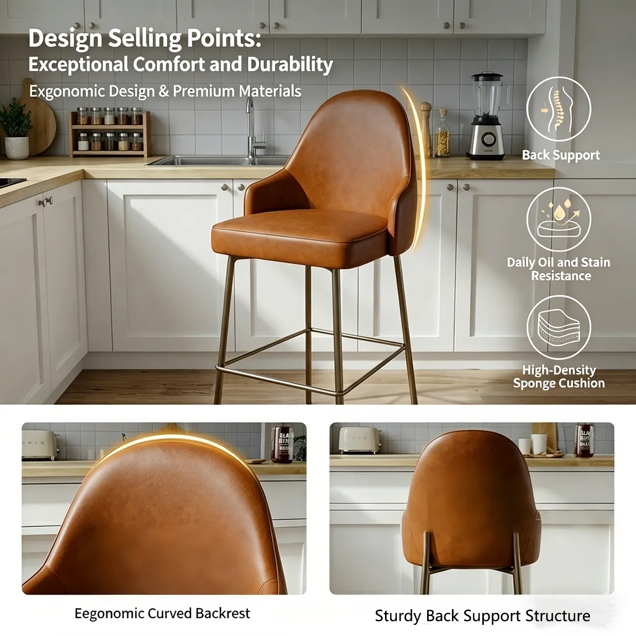 Mid Century Modern Ergonomic Curved Back Counter Stools Metal Frame Image - 4 | homeyfad