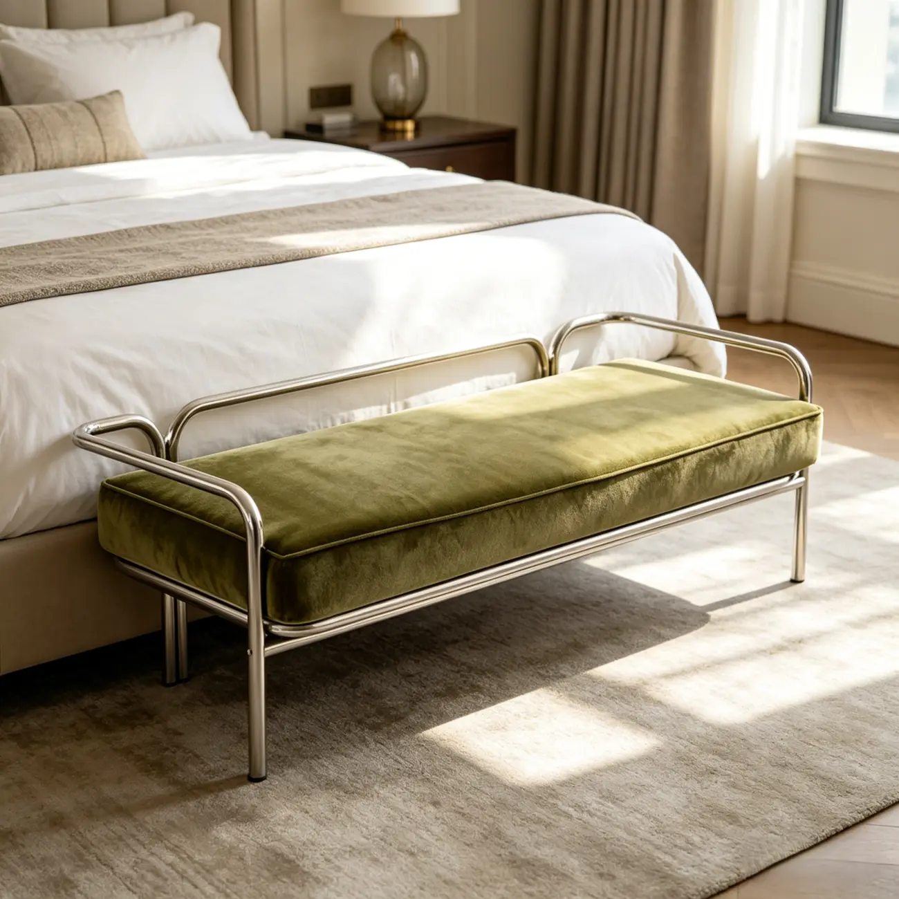 Modern Industrial Upholstery Bedroom Bench with Armrest Image - 3 | homeyfad