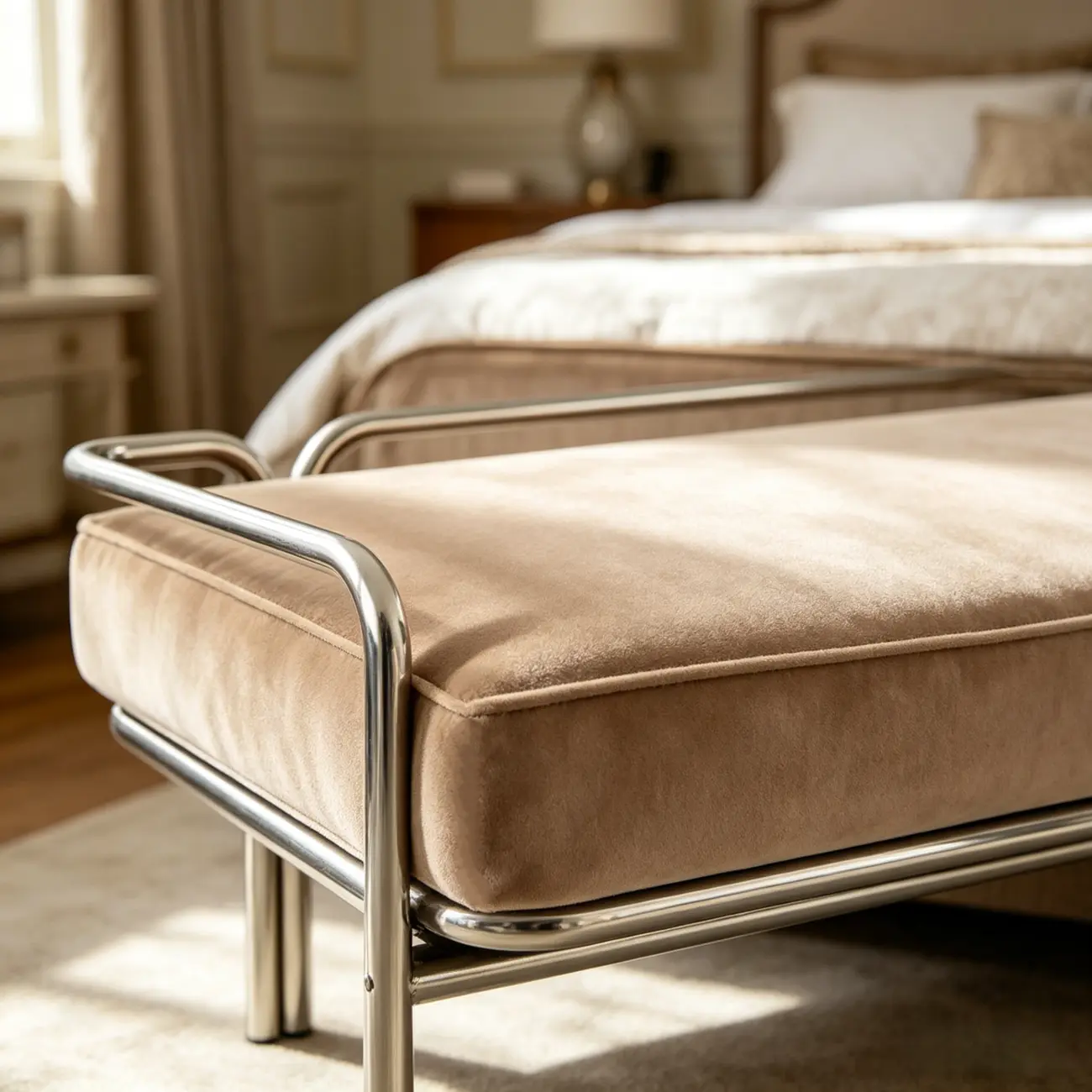 Modern Industrial Upholstery Bedroom Bench with Armrest Image - 7 | homeyfad