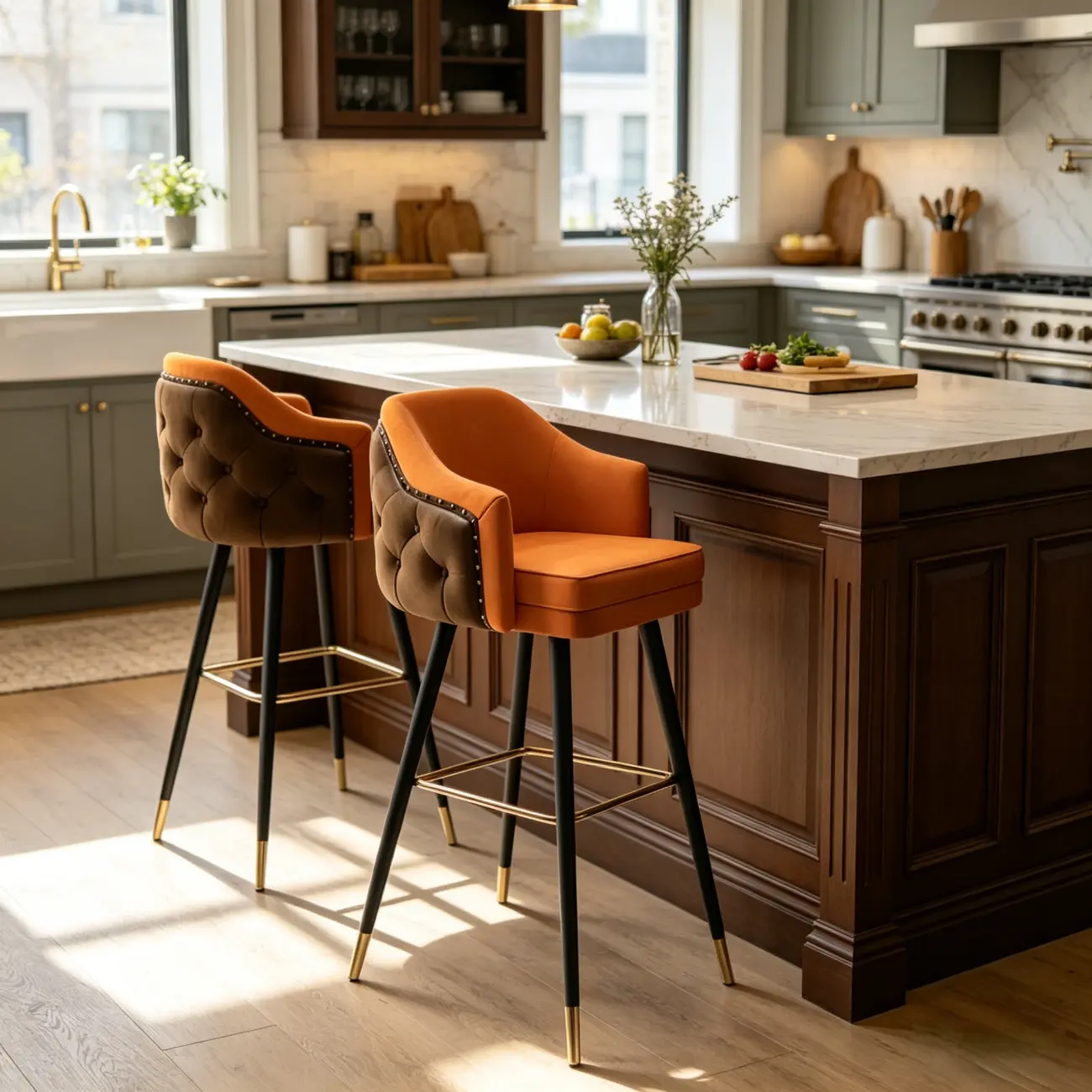 Mid-century Modern Upholstered Tufted Back Tuxedo Counter Stools Image - 2 | homeyfad