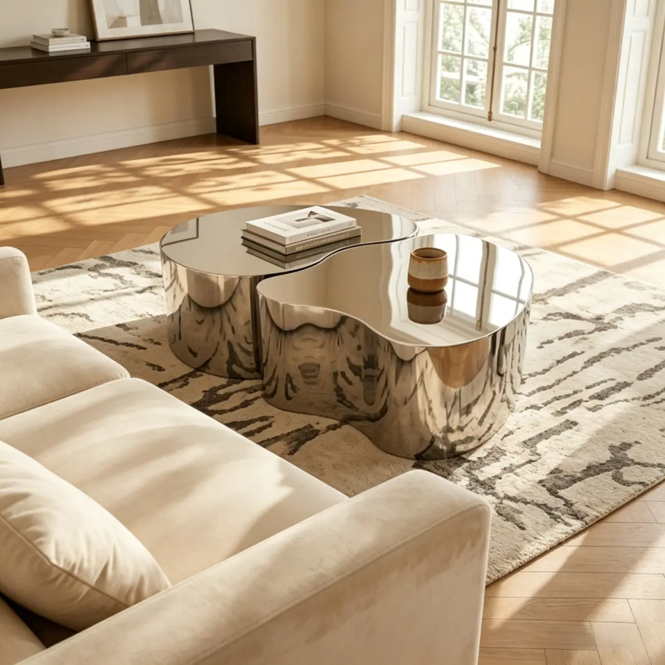 Abstract Modern Metal Mirror Coffee Table Image - 3 | homeyfad