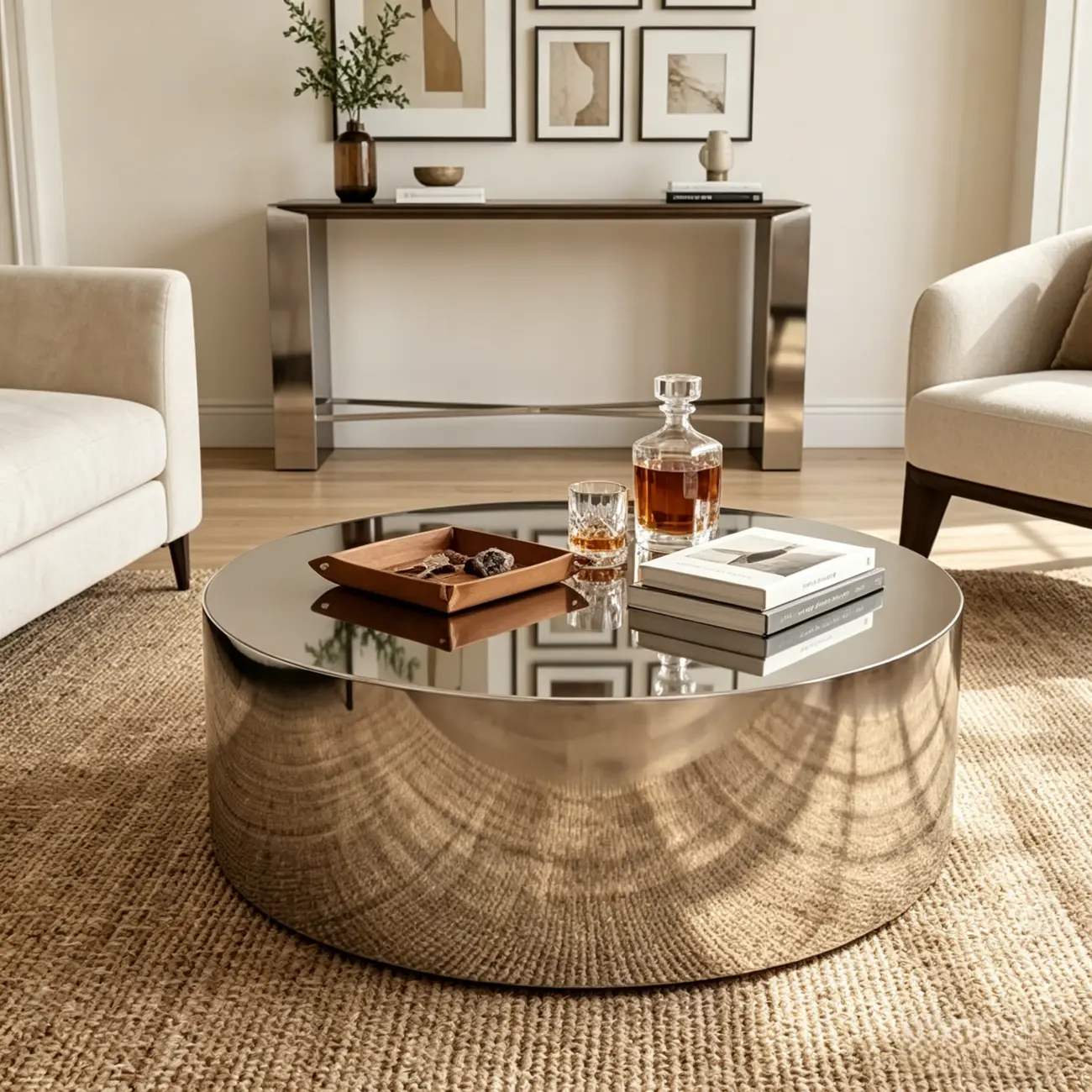 Abstract Modern Metal Mirror Round Coffee Table Image - 1 | homeyfad