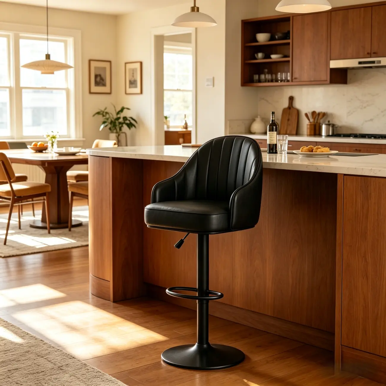 Mid-Century Modern Leather Bar Stool Swivel Adjustable Height Image - 3 | homeyfad