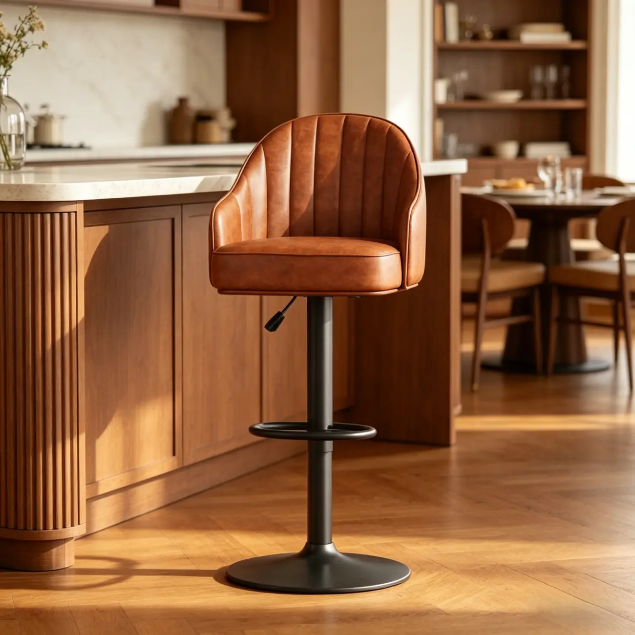 Mid-Century Modern Leather Bar Stool Swivel Adjustable Height Image - 1 | homeyfad
