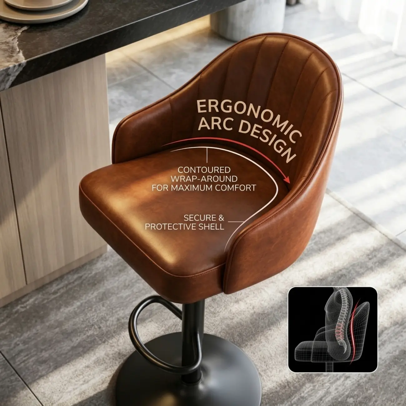 Mid-Century Modern Leather Bar Stool Swivel Adjustable Height Image - 8 | homeyfad