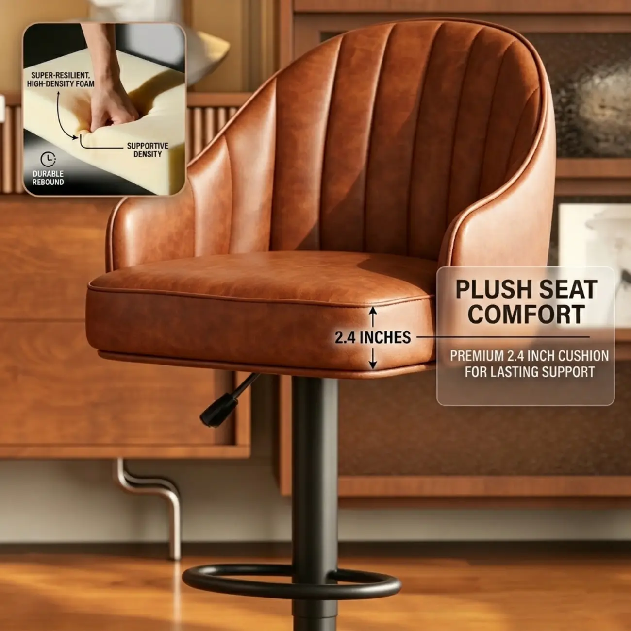 Mid-Century Modern Leather Bar Stool Swivel Adjustable Height Image - 7 | homeyfad