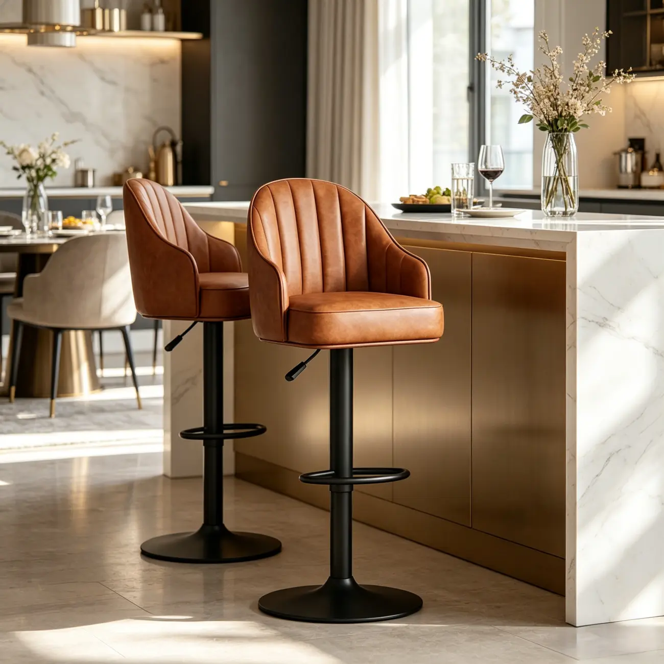 Mid-Century Modern Leather Bar Stool Swivel Adjustable Height Image - 2 | homeyfad