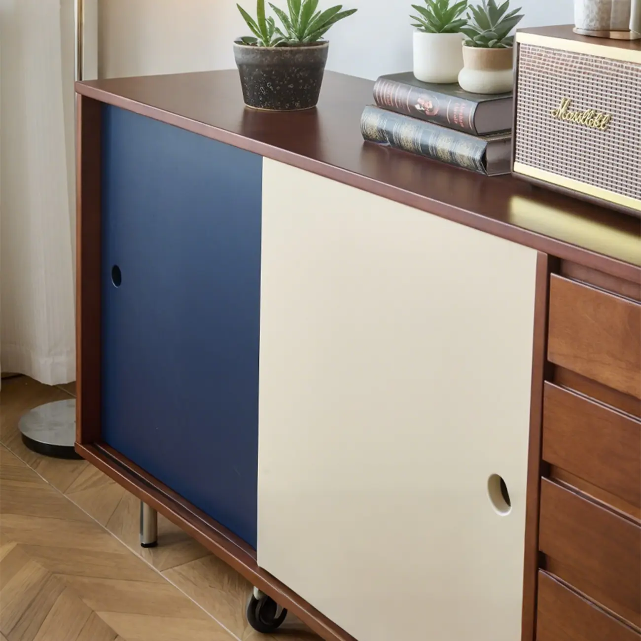 Mid-Century Modern Wood Storage TV Stand with Sliding Doors Image - 7 | homeyfad