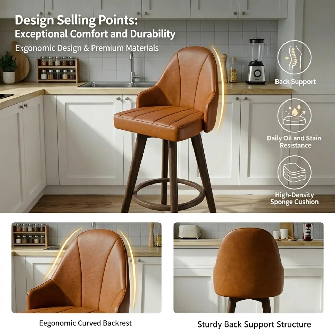 Swivel Mid Century Modern Counter Stools Bouclé & Faux Leather Image - 5 | homeyfad