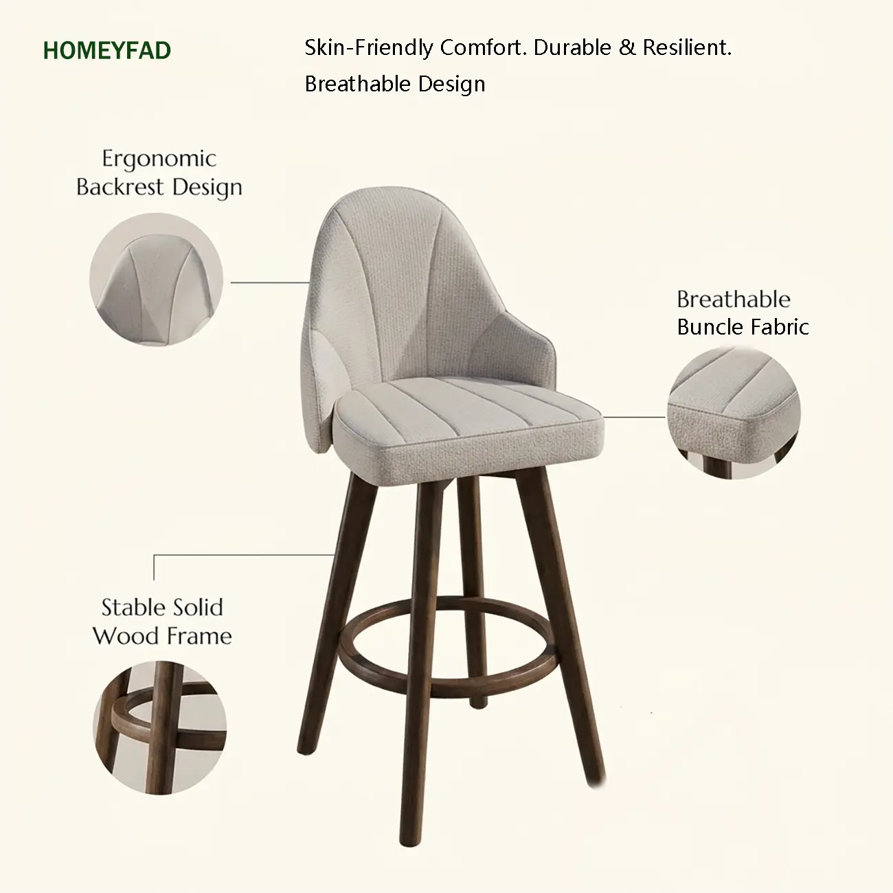 Swivel Mid Century Modern Counter Stools Bouclé & Faux Leather Image - 10 | homeyfad