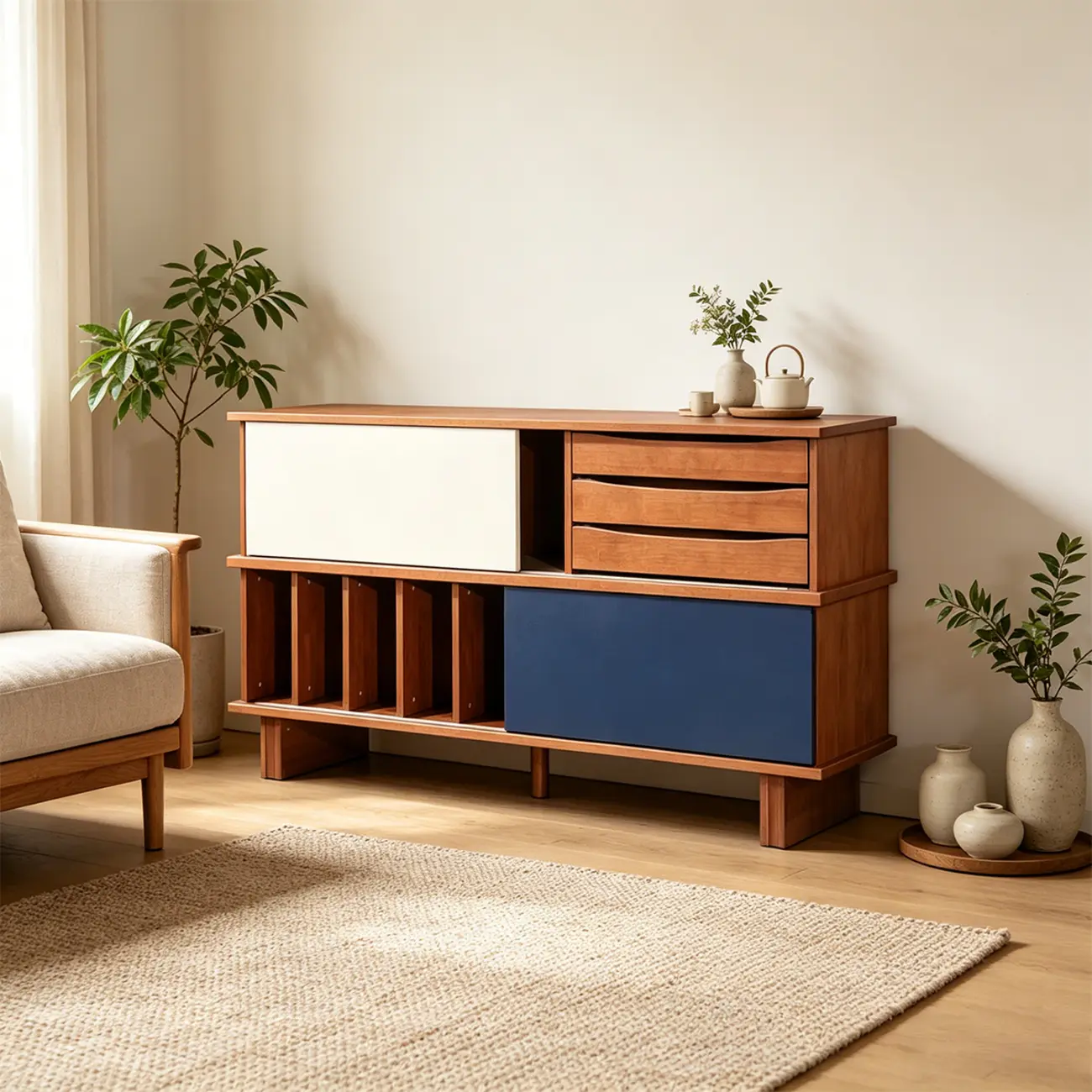 Mid-Century Modern Solid Wood Storage Cabinet with 3 Drawers Image - 3 | homeyfad