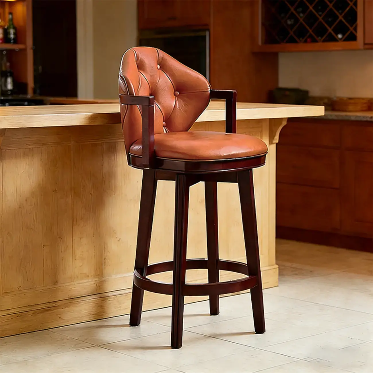 Genuine Leather Traditional Wingback Swivel Bar Stool Solid Wood Image - 29 | homeyfad
