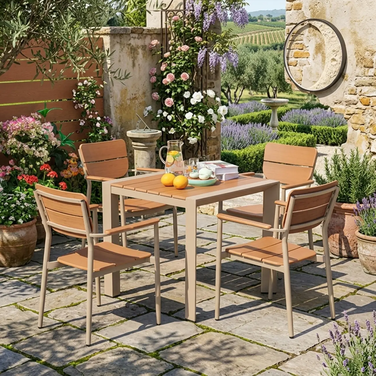 5 Piece Minimalist Wood Metal Patio Dining Set Image - 3 | homeyfad