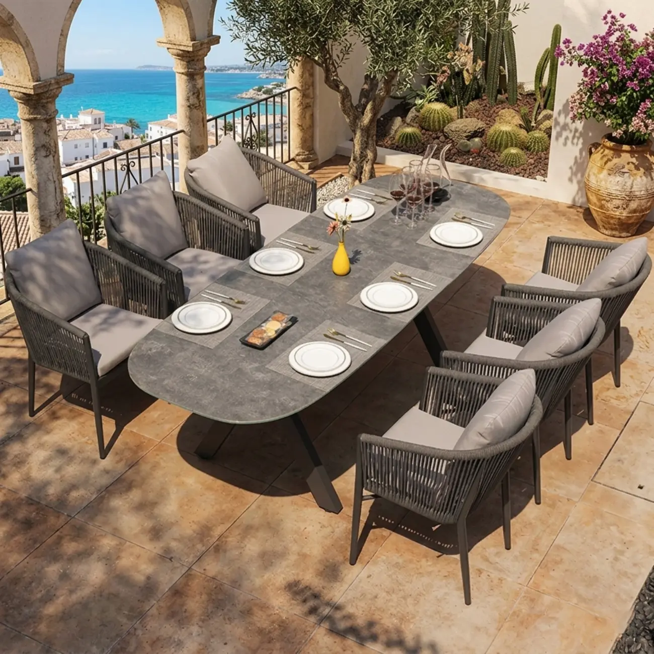 Weather-proof Patio Set With Cushioned Woven Rope Chairs Image - 3 | homeyfad