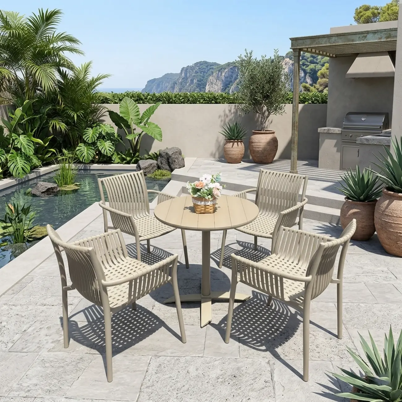 5 Piece Metal Beige Outdoor Dining Set Image - 2 | homeyfad