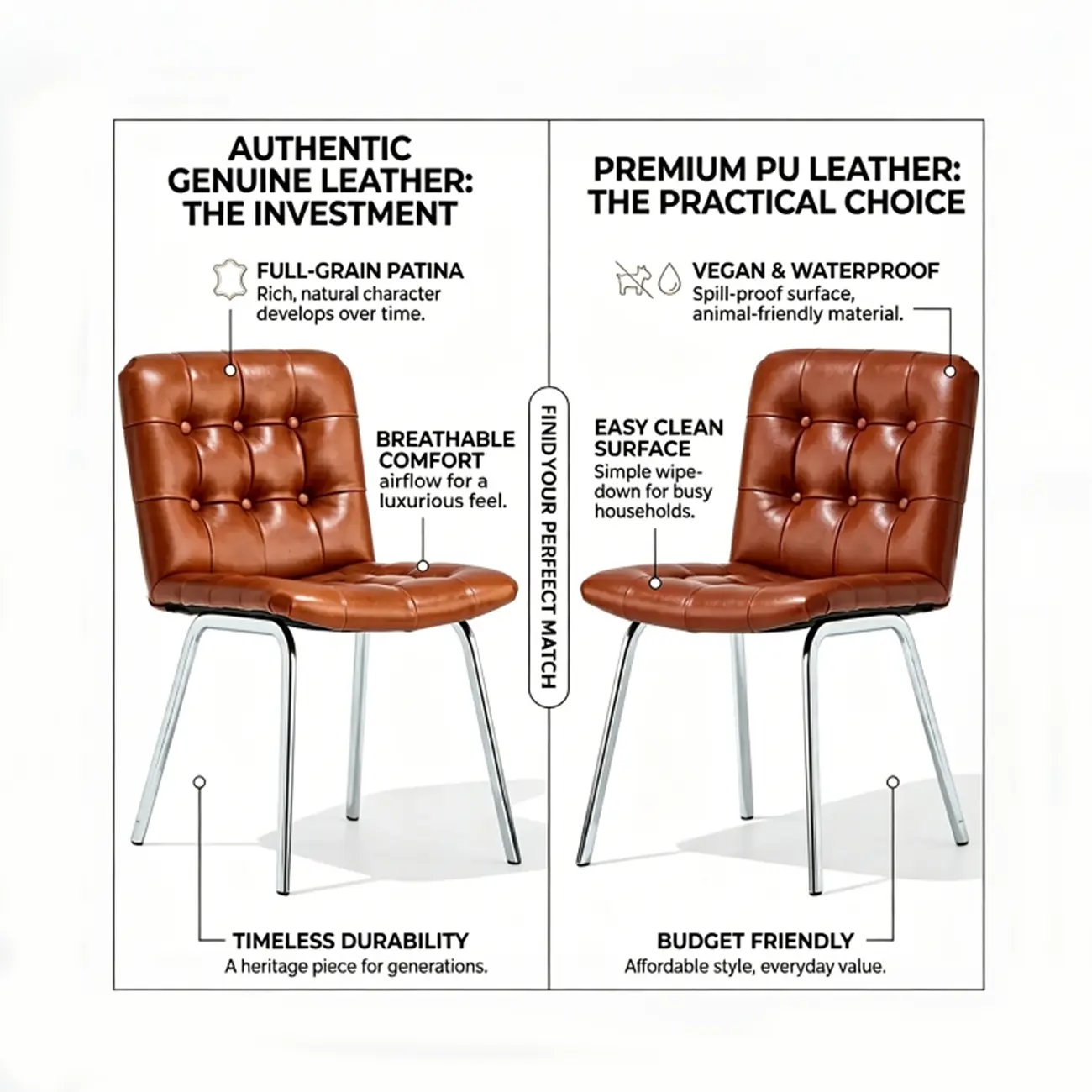 Industrial Modern Button-tufted Back Leather Dining Chairs Image - 4 | homeyfad