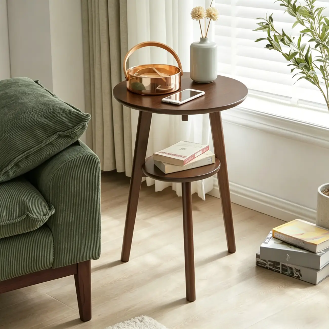 Brown Tripod Base Wood Round Side Table with Storage Image - 1 | homeyfad