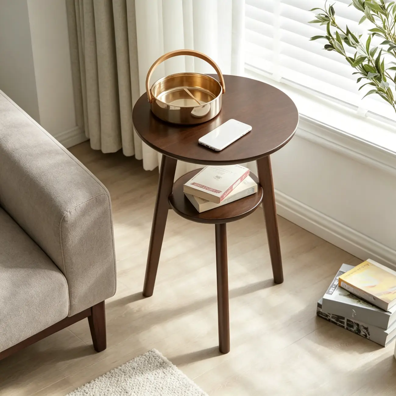 Brown Tripod Base Wood Round Side Table with Storage Image - 2 | homeyfad