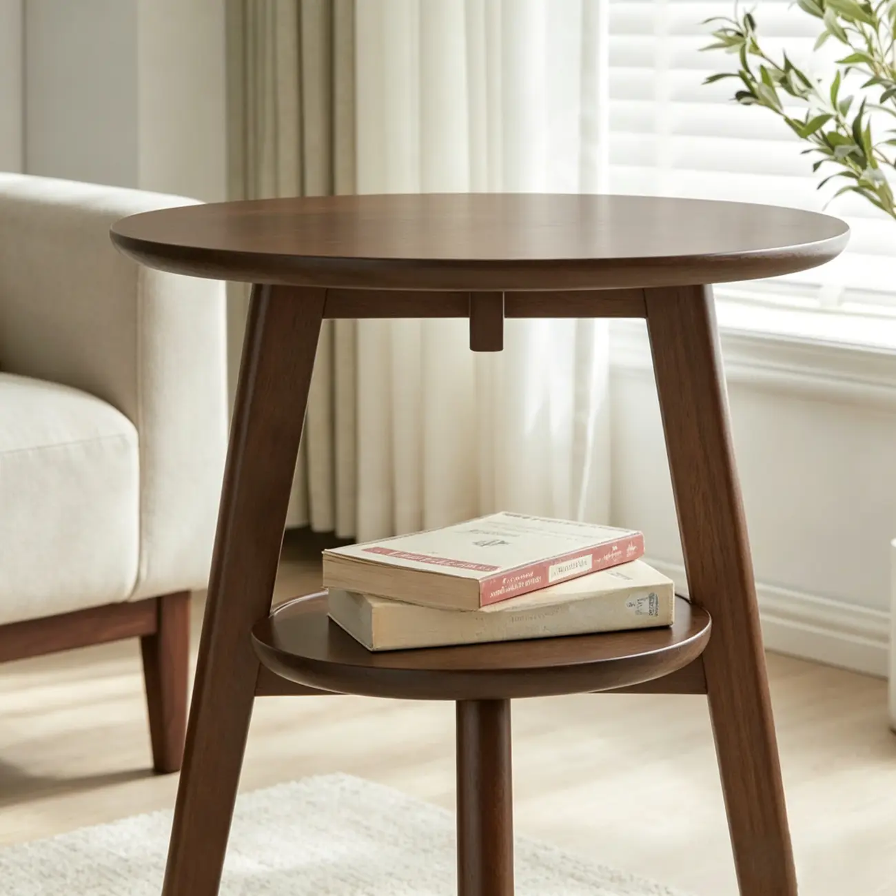 Brown Tripod Base Wood Round Side Table with Storage Image - 7 | homeyfad