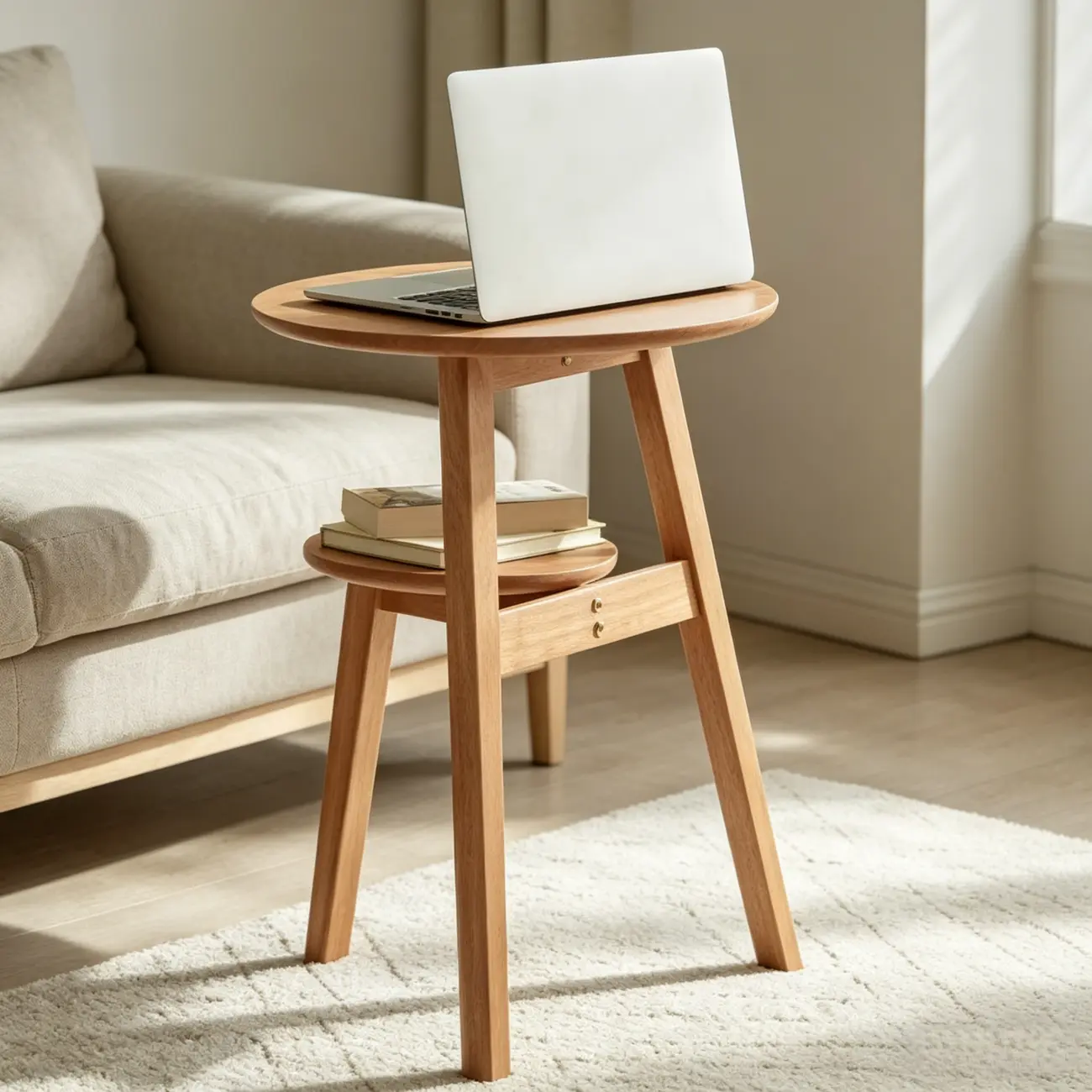 Brown Tripod Base Wood Round Side Table with Storage Image - 3 | homeyfad