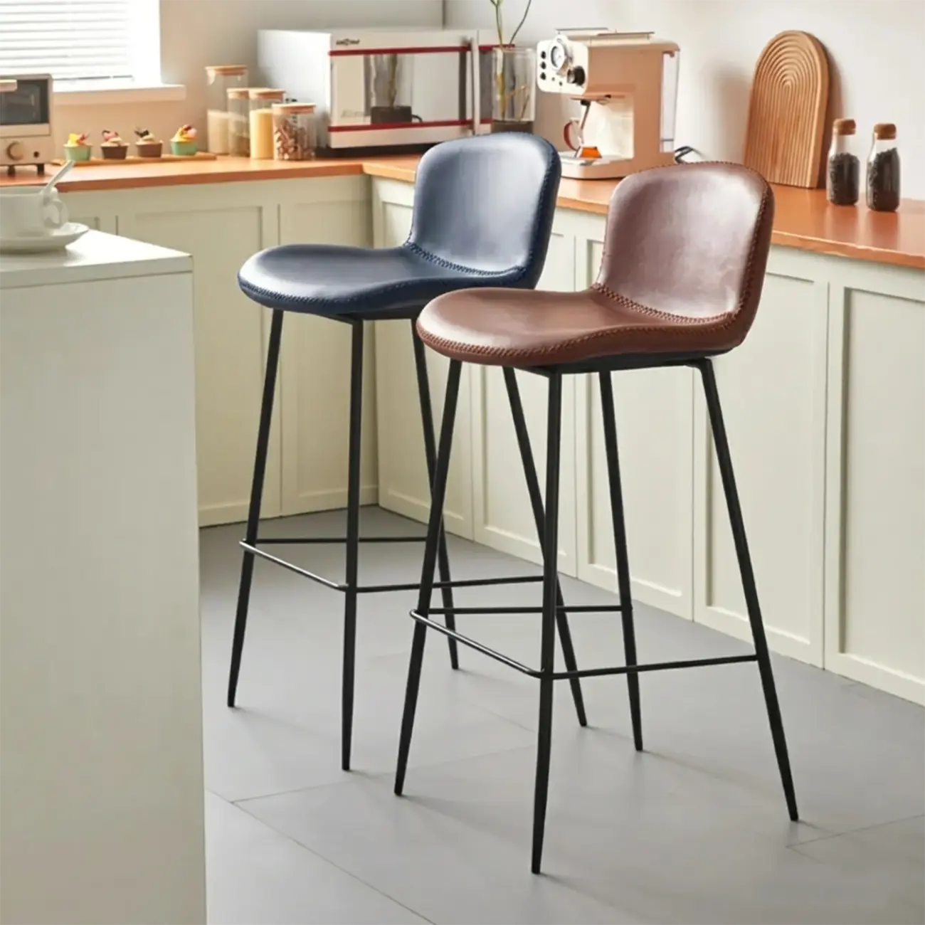 Modern Metal Frame Leather Cushion Low Back Bar Stool Image - 7 | homeyfad