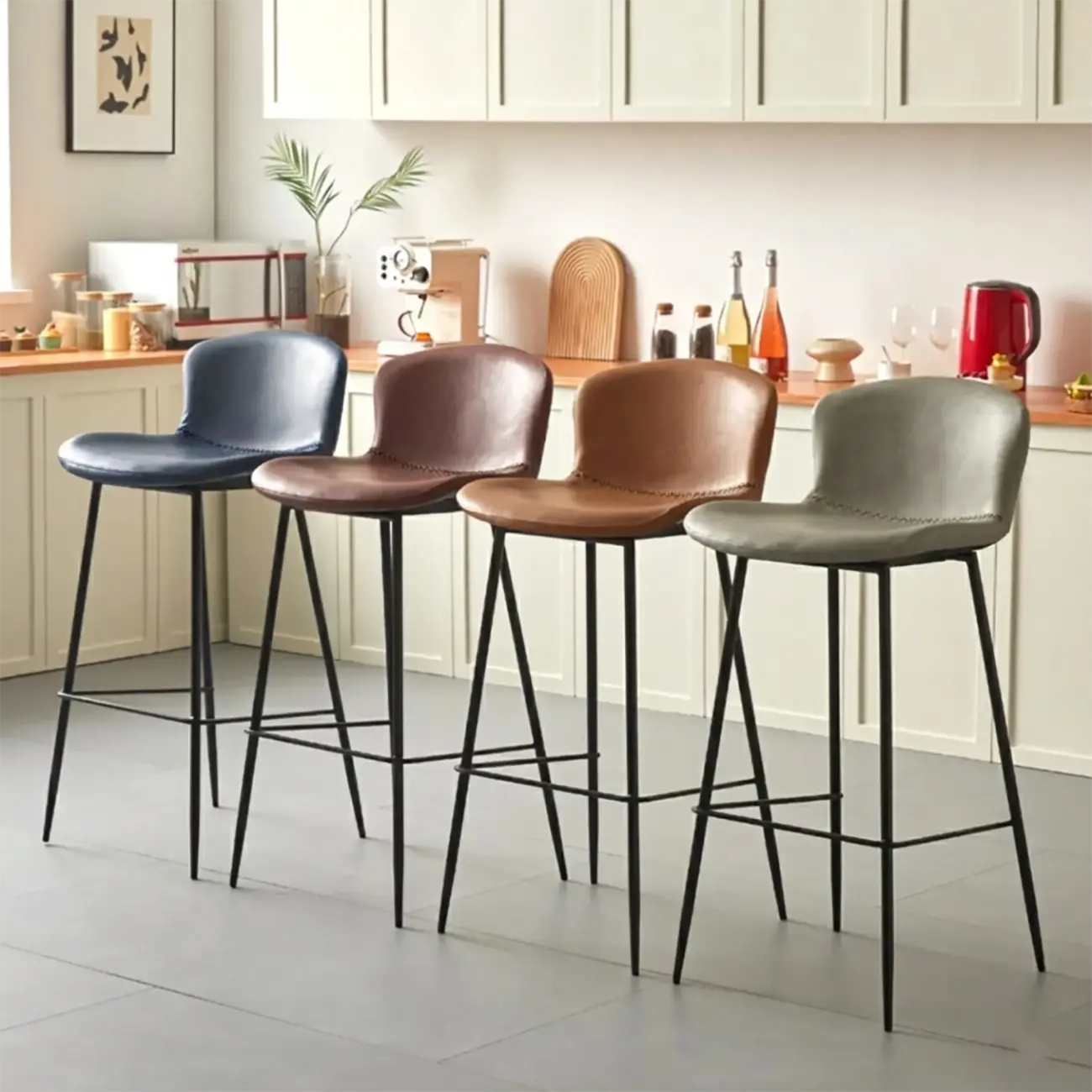 Modern Metal Frame Leather Cushion Low Back Bar Stool Image - 2 | homeyfad