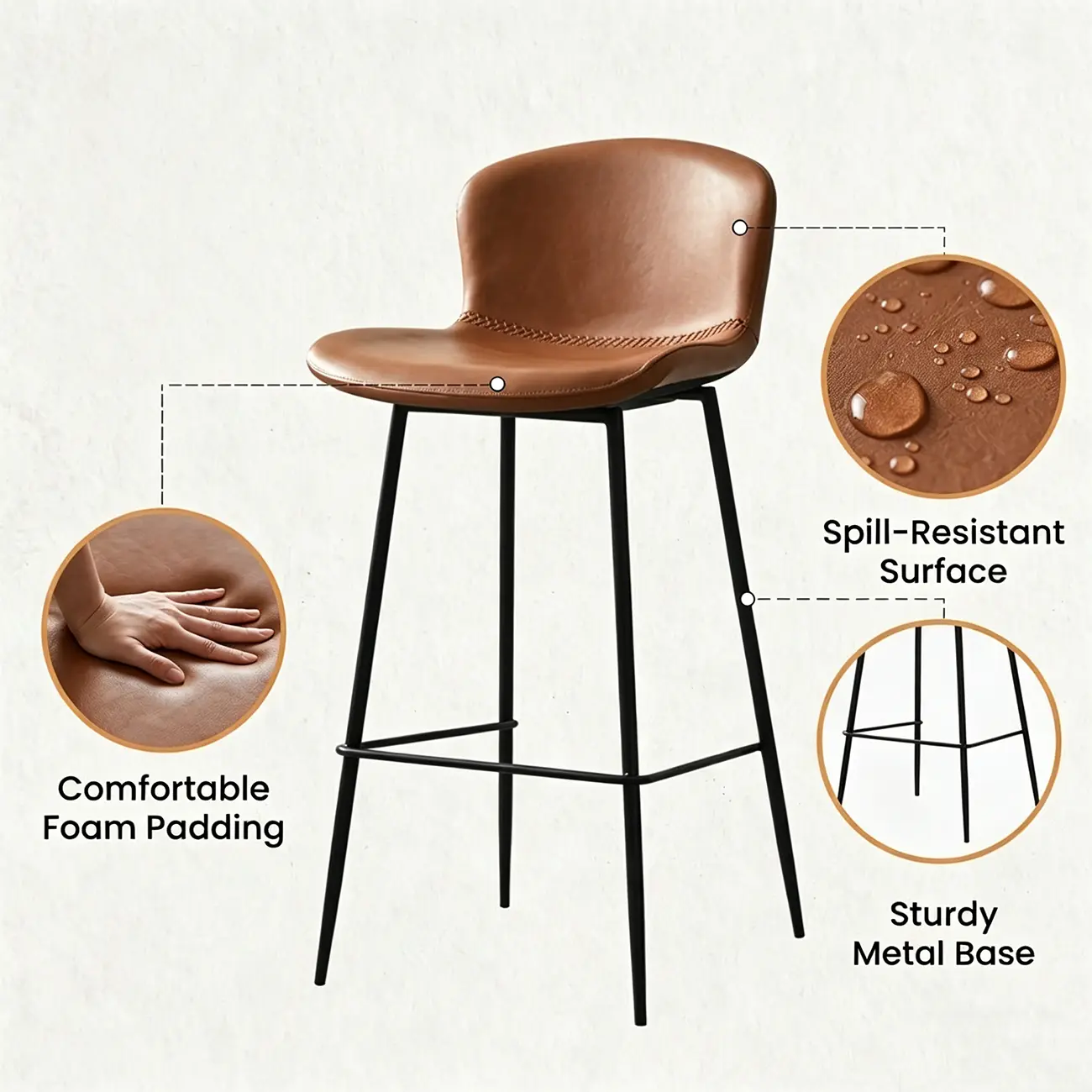 Modern Metal Frame Leather Cushion Low Back Bar Stool Image - 5 | homeyfad