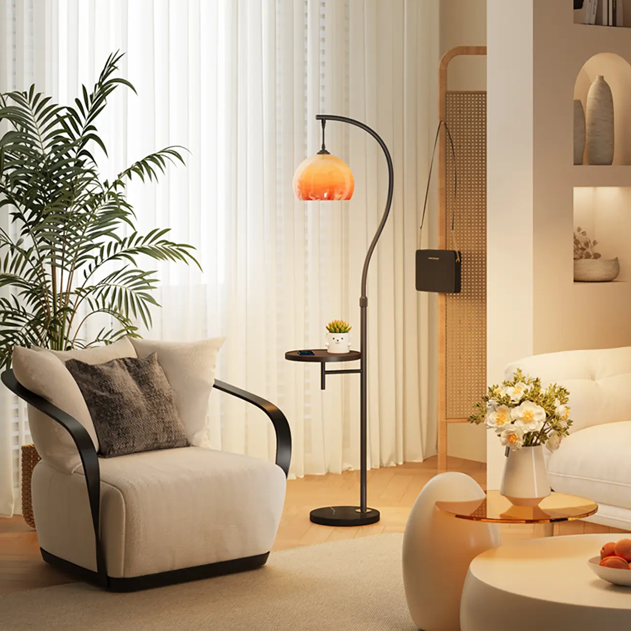 Simplistic Metal Glass Dome Arc Floor Lamp with Tray Table Image - 4 | homeyfad