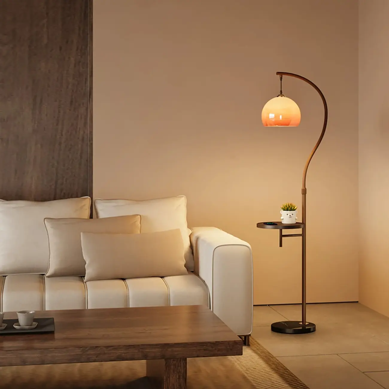 Simplistic Metal Glass Dome Arc Floor Lamp with Tray Table Image - 1 | homeyfad