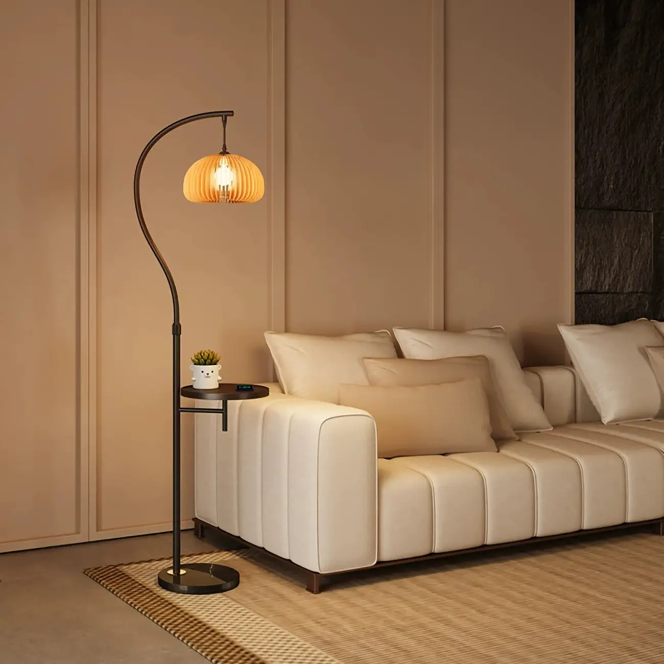 Simplistic Metal Glass Dome Arc Floor Lamp with Tray Table Image - 3 | homeyfad