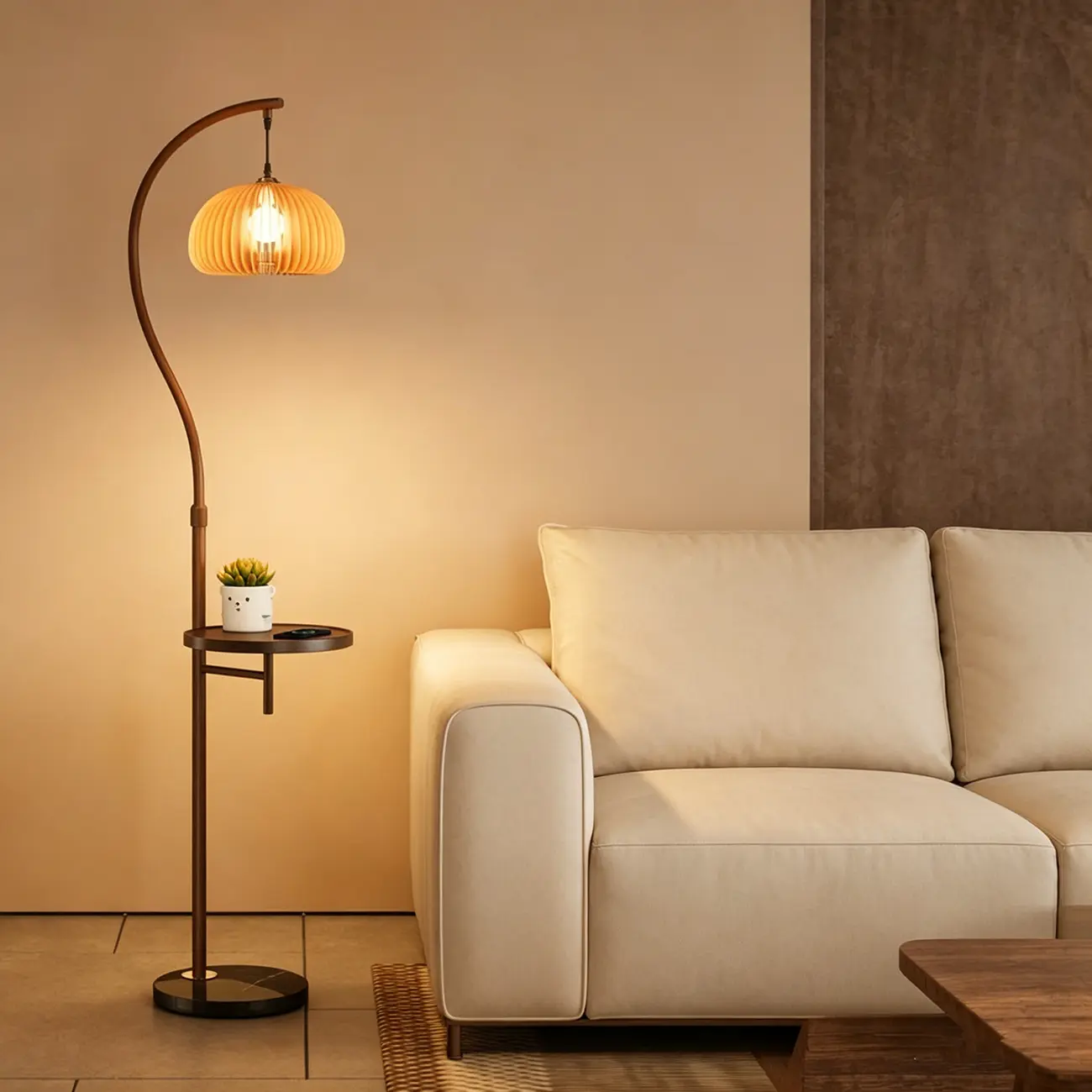 Simplistic Metal Glass Dome Arc Floor Lamp with Tray Table Image - 2 | homeyfad