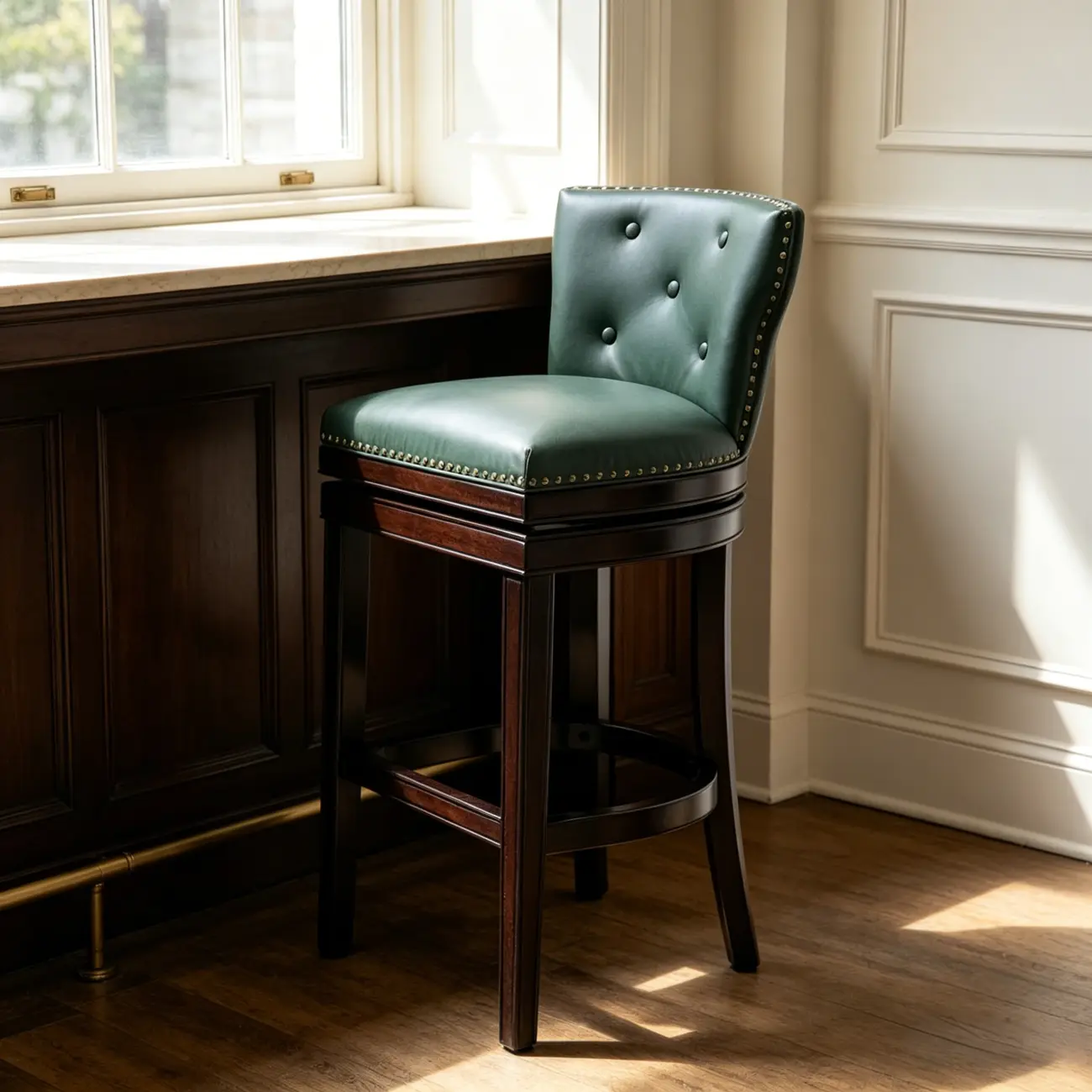 Solid Wood Genuine Leather Swivel Bar Stool Image - 18 | homeyfad