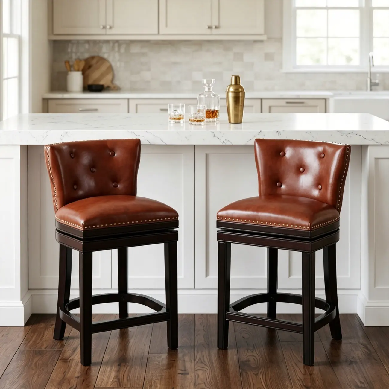 Solid Wood Genuine Leather Swivel Bar Stool Image - 1 | homeyfad