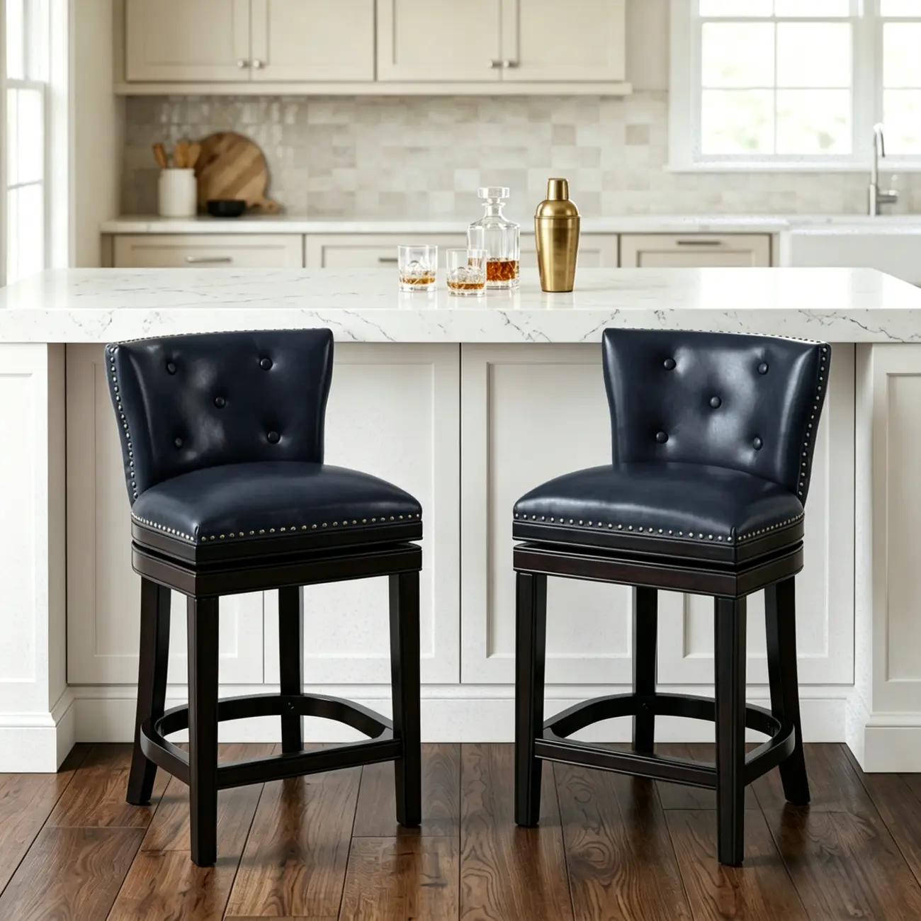 Solid Wood Genuine Leather Swivel Bar Stool Image - 2 | homeyfad