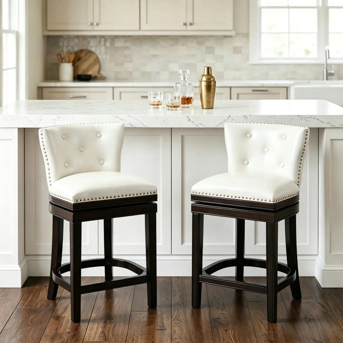 Solid Wood Genuine Leather Swivel Bar Stool Image - 3 | homeyfad