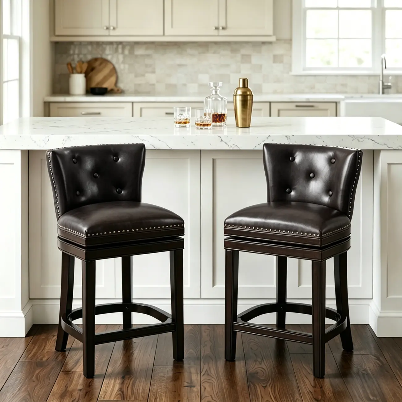Solid Wood Genuine Leather Swivel Bar Stool Image - 6 | homeyfad