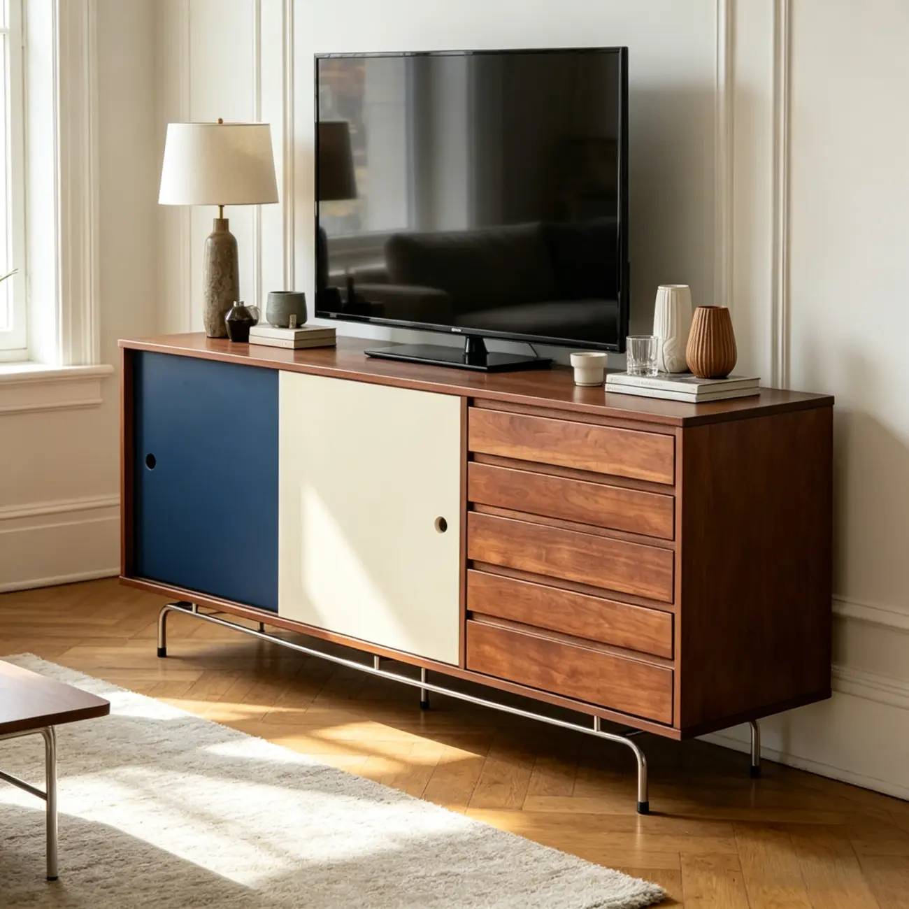 Mid-Century Modern Wood Storage TV Stand with Sliding Doors Image - 5 | homeyfad